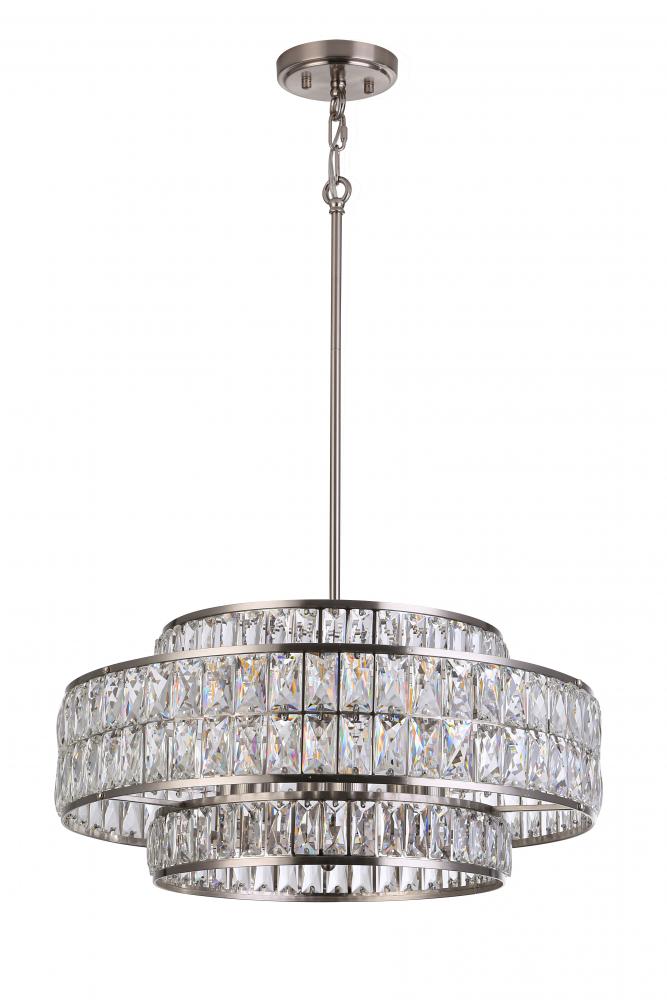 22" 6x60W e26 Pendant in Satin Nickel finish with K9 Crystal