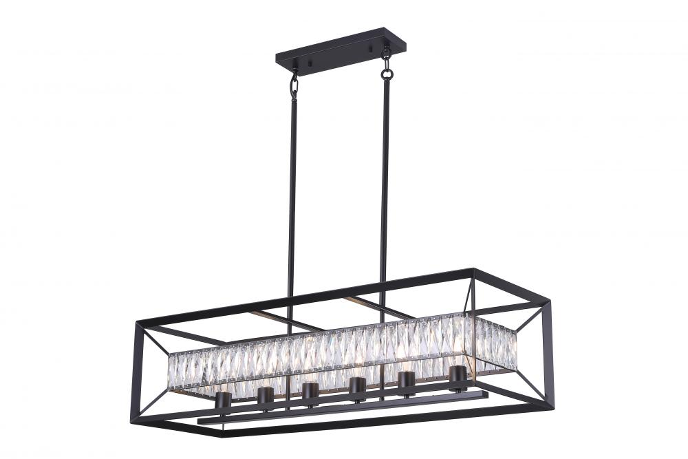42" Long 6x25W -Linear Pendant in Black finish with Medium Base K9 Crystal with Pipes included
