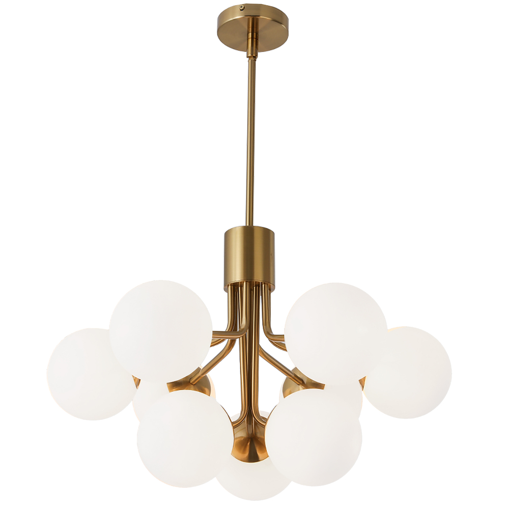 9 Light Halogen Chandelier, Aged Brass with Opal Glass