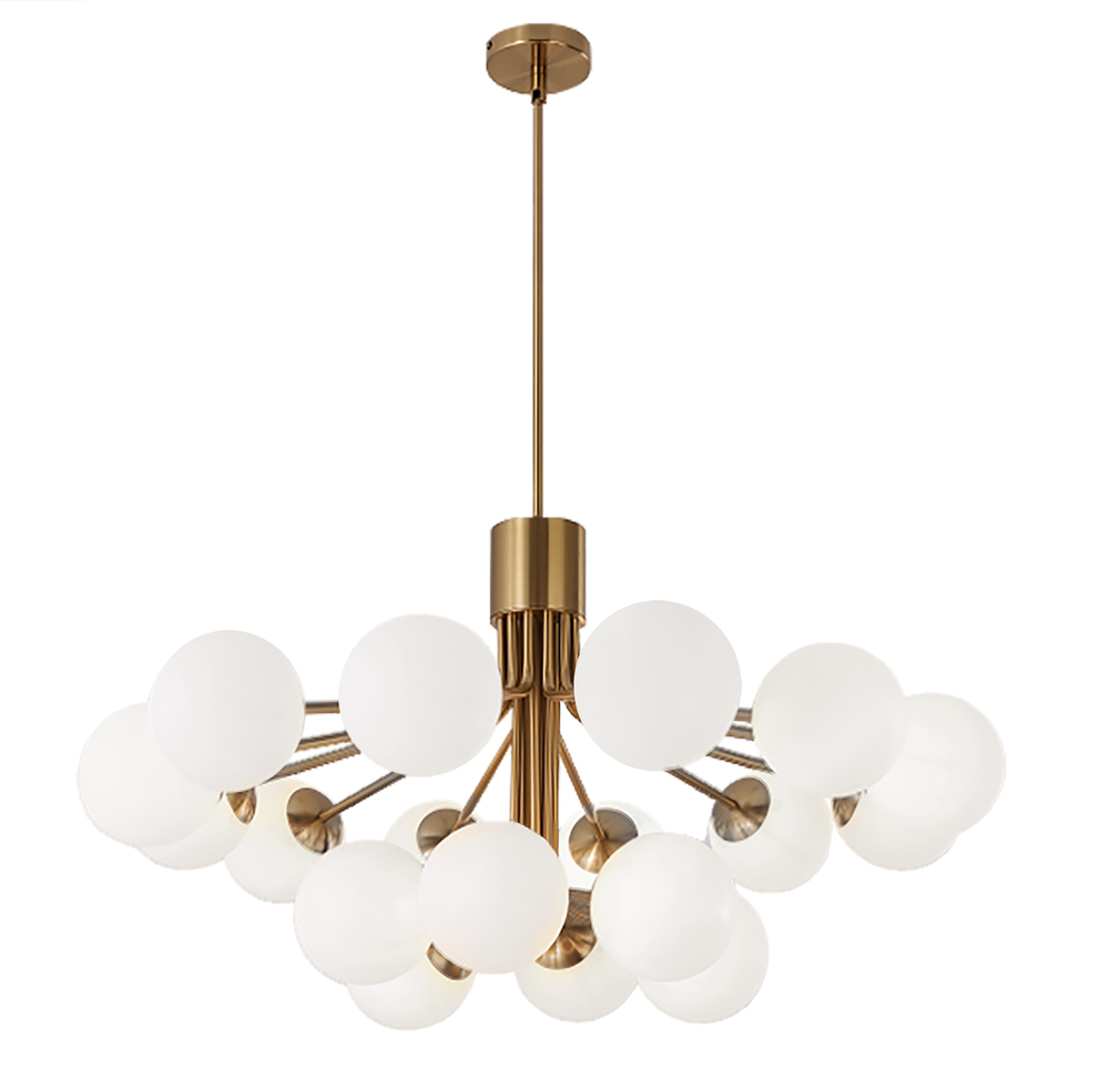 18 Light Halogen Chandelier, Aged Brass with Opal Glass