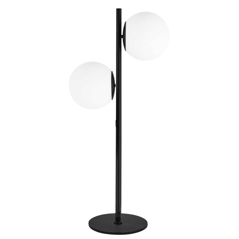 2 Light Incandescent Table Lamp, Matte Black w/ White Glass