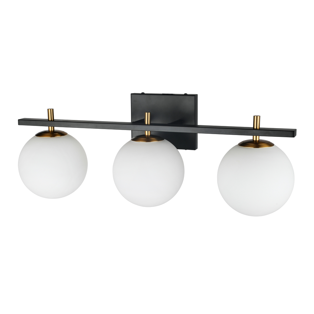 3 Light Halogen Vanity, Matte Black and Aged Brass