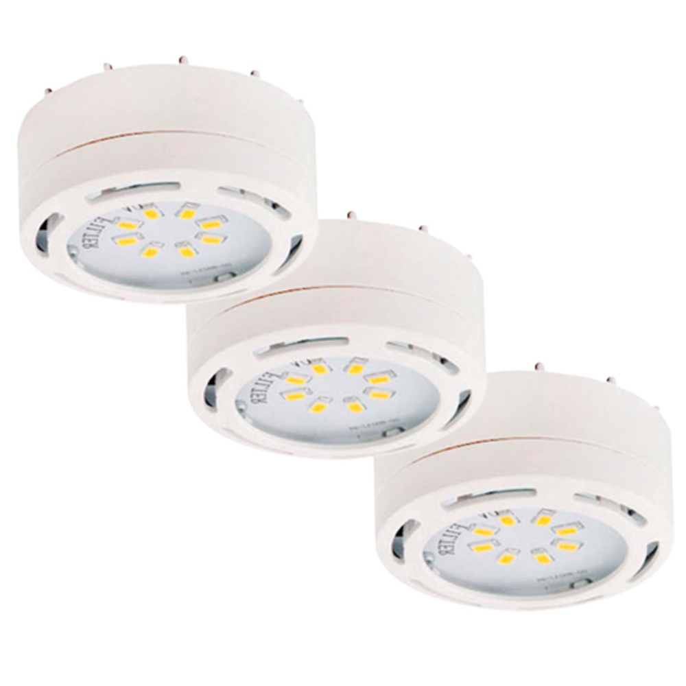 3-Light White LED Puck Kit: 3 x 8 LED, 3000K, 960 Lumens, 12W, Linkable, includes cords & hardware,