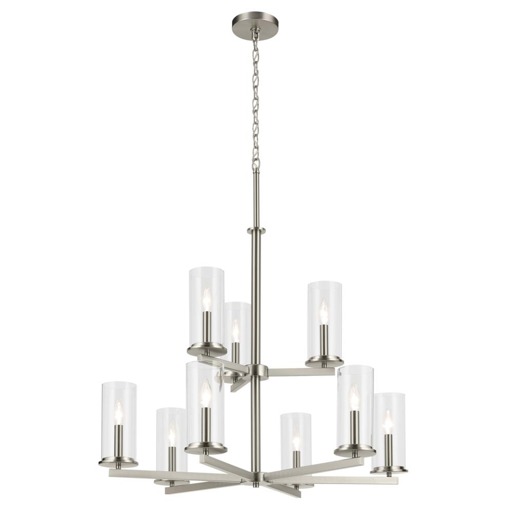 Crosby 32.5" 9-Light 2-Tier Chandelier with Clear Glass in Brushed Nickel