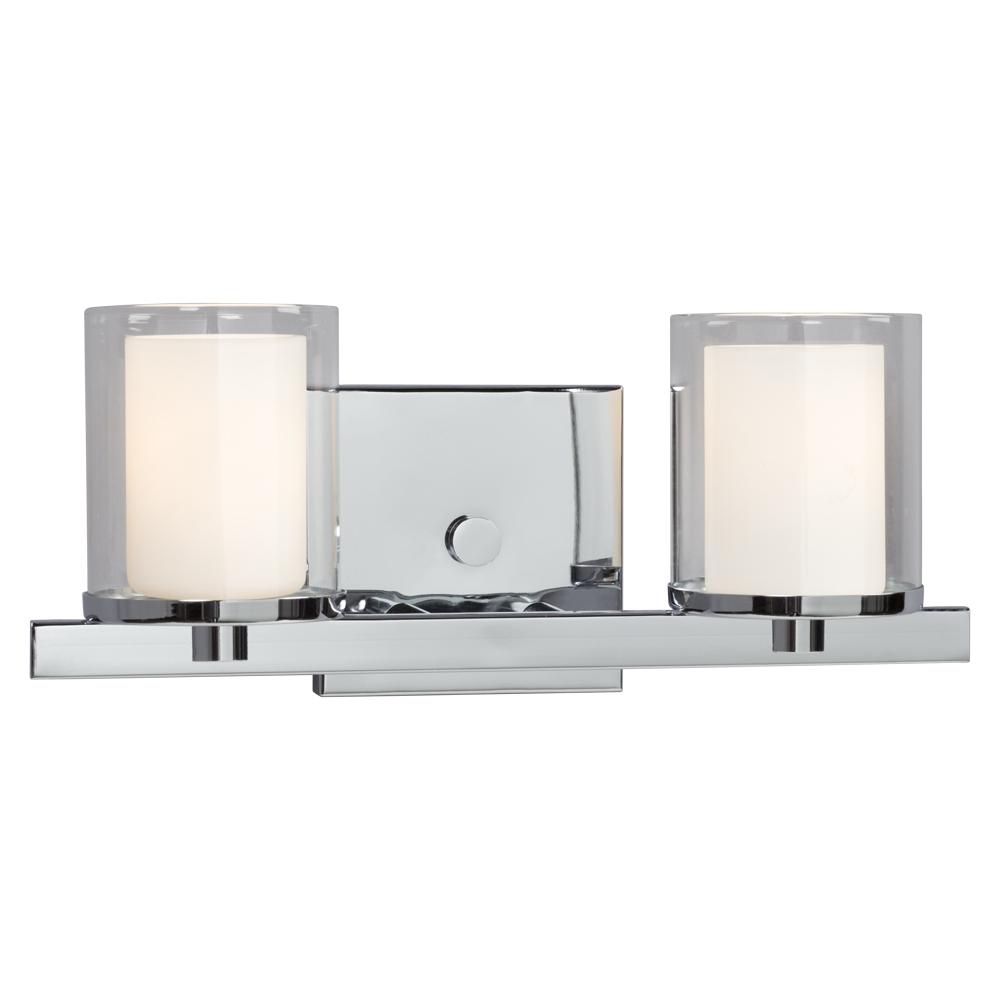 2-Light Vanity in Polished Chrome with Satin White Inner Glass & Clear Outer Glass