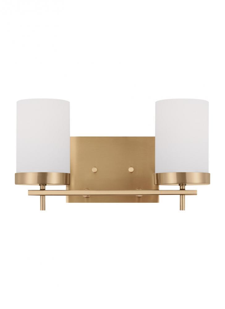 Zire dimmable indoor 2-light LED wall light or bath sconce in a satin brass finish with etched white