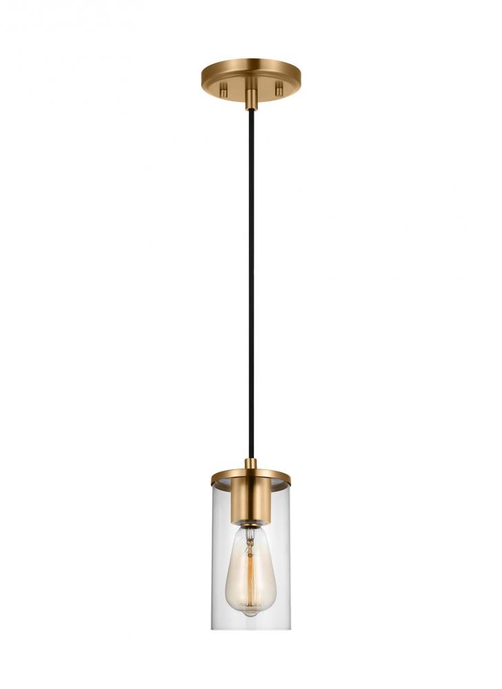 Zire dimmable indoor 1-light mini pendant in a satin brass finish with clear glass shade